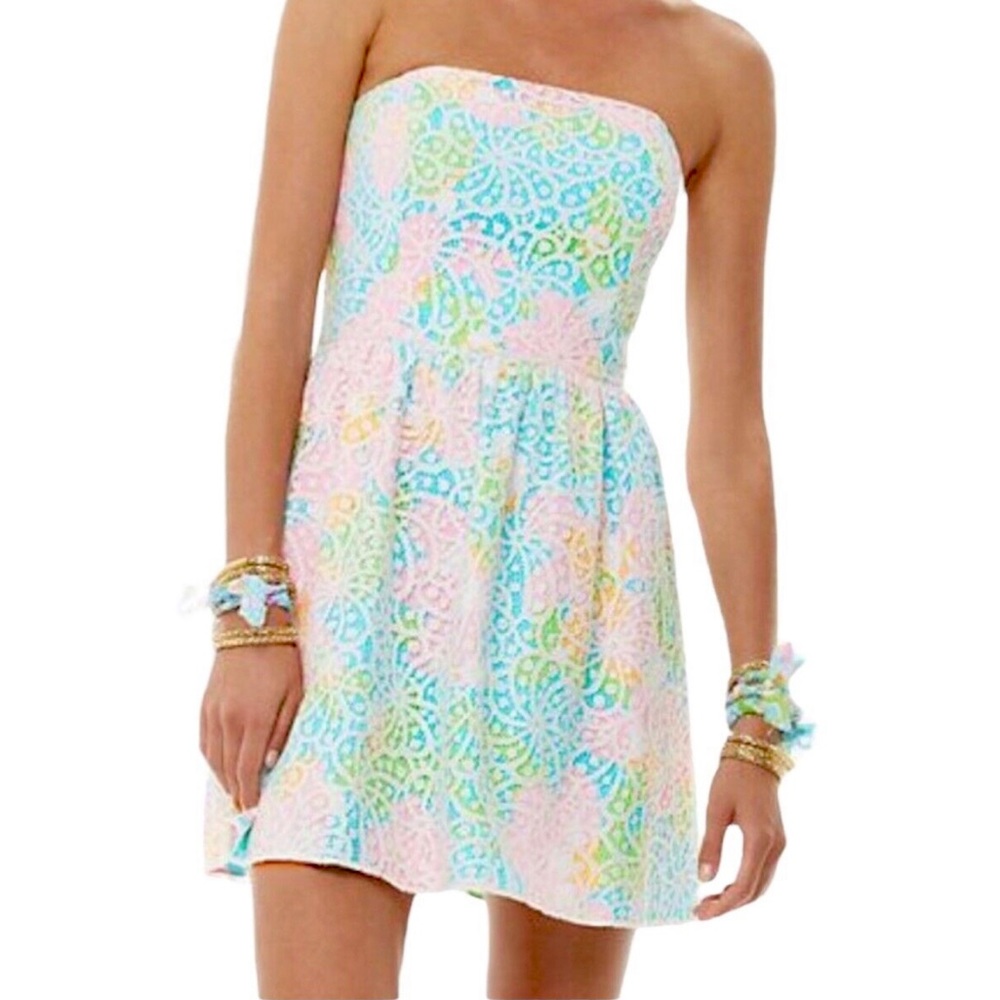 Lilly Pulitzer strapless dress Lottie style with white lace overlay size 4 pink